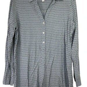 J. JILL Button down Fish motif Shirt v-neck Tunic Blue white black Size M